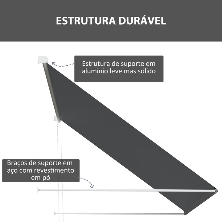 Toldo Retrátil para Janela 150x120 cm Toldo Manual de Exterior com Estrutura de Alumínio Ângulo de Inclinação Ajustável Anti-UV e Impermeável Cinza Escuro