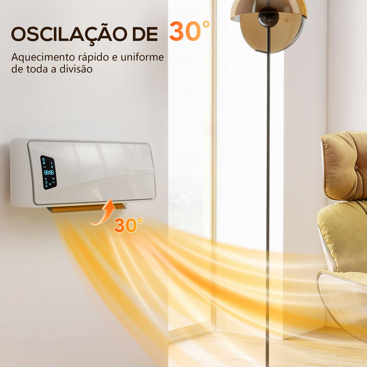 Aquecedor Elétrico de Baixo Consumo Cerâmico de Parede 2000W com 3 Modos Ecrã LED Termostato Ajustável Temporizador 24h Oscilação Controlo Remoto e Detecção de Janelas Abertas