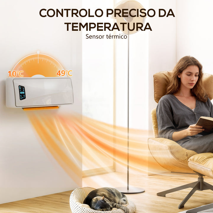 Aquecedor Elétrico de Baixo Consumo Cerâmico de Parede 2000W com 3 Modos Ecrã LED Termostato Ajustável Temporizador 24h Oscilação Controlo Remoto e Detecção de Janelas Abertas