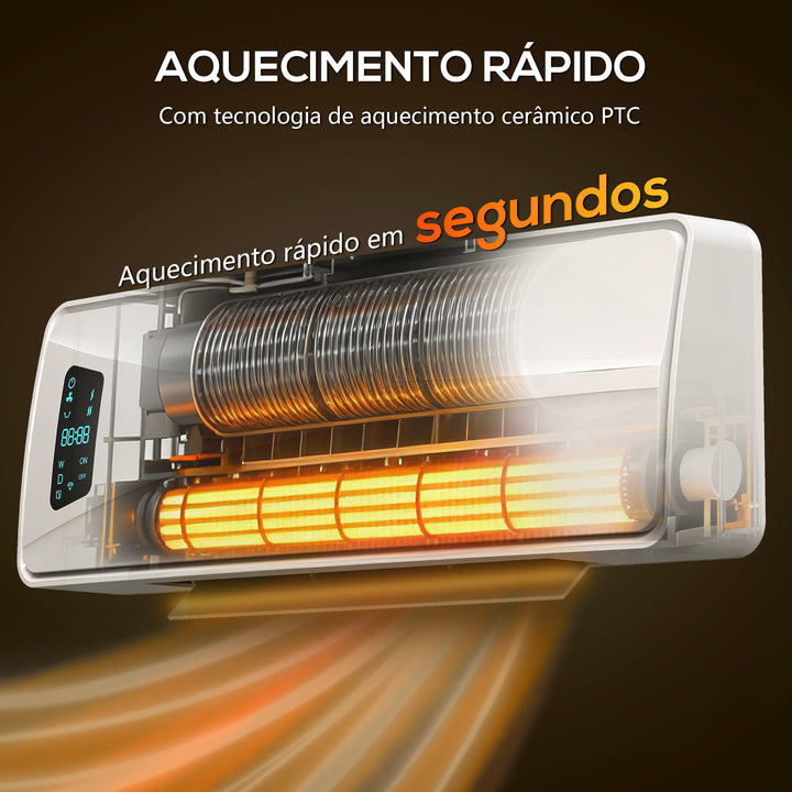 Aquecedor Elétrico de Baixo Consumo Cerâmico de Parede 2000W com 3 Modos Ecrã LED Termostato Ajustável Temporizador 24h Oscilação Controlo Remoto e Detecção de Janelas Abertas