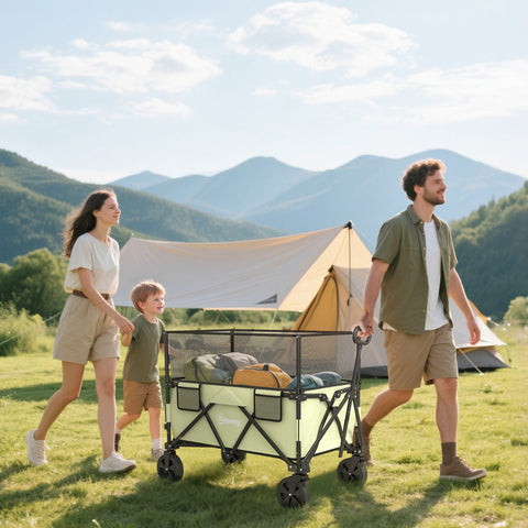 Carrinho de Transporte Dobrável 180 L Carrinho de Jardim com Comprimento e Ângulo do Guiador Ajustáveis e Paredes Laterais Extensíveis Carga 120 kg para Pátio Praia Cáqui