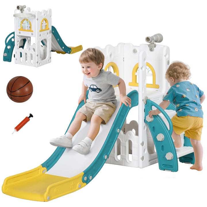 Escorrega Infantil 4 em 1 para Crianças de 1-3 Anos com Cesto de Basquetebol Telescópio Escalador e Espaço de Arrumação para Interior e Exterior 70x177x92 cm Amarelo e Verde