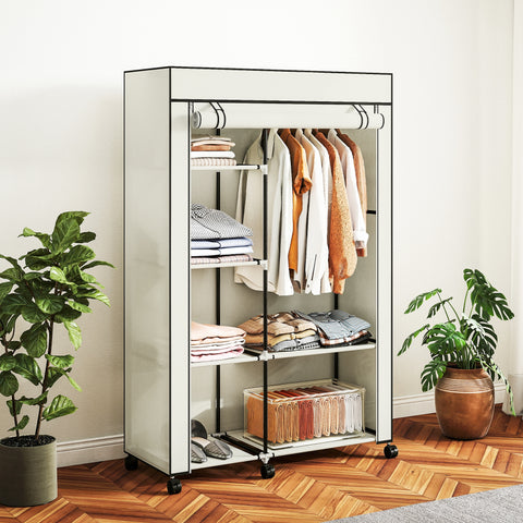 Roupeiro de Tecido Dobrável Armário de Roupa Portátil com 6 Prateleiras 1 Barra de Pendurar e Rodas para Dormitório Vestidor 103x43x162,5 cm Creme
