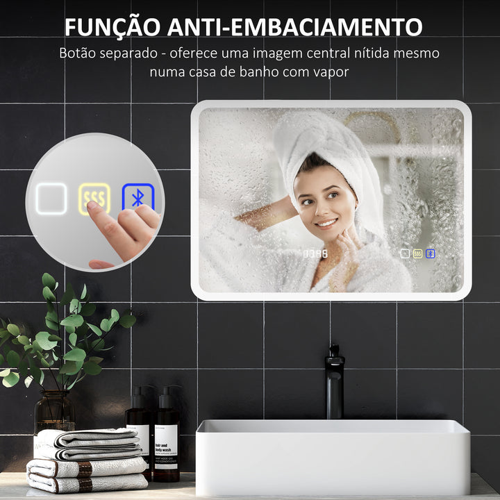 Espelho de Casa de Banho com Luz LED 70x50 cm Espelho de Parede com Bluetooth 3 Cores de Luz Relógio Digital Função Antiembaciamento Função de Memória Interruptor Tátil IP44 Prata