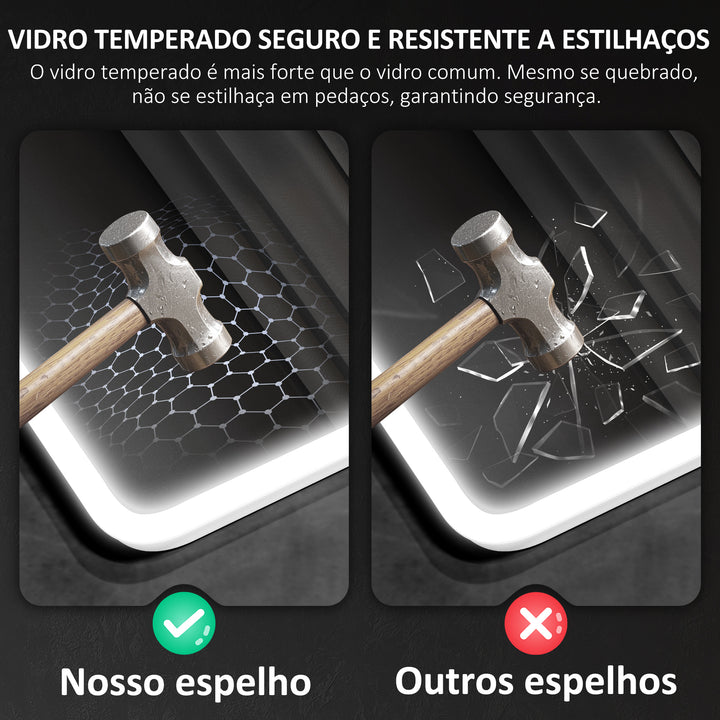 Espelho de Casa de Banho com Luz LED 70x50 cm Espelho de Parede com Bluetooth 3 Cores de Luz Relógio Digital Função Antiembaciamento Função de Memória Interruptor Tátil IP44 Prata