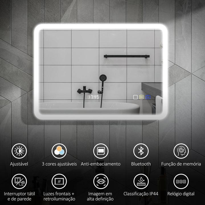 Espelho de Casa de Banho com Luz LED 70x50 cm Espelho de Parede com Bluetooth 3 Cores de Luz Relógio Digital Função Antiembaciamento Função de Memória Interruptor Tátil IP44 Prata