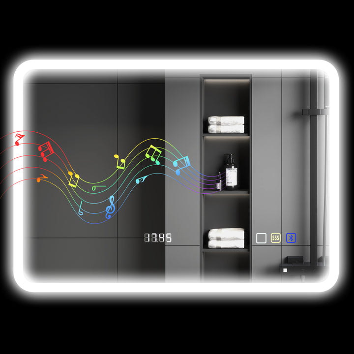 Espelho de Casa de Banho com Luz LED 70x50 cm Espelho de Parede com Bluetooth 3 Cores de Luz Relógio Digital Função Antiembaciamento Função de Memória Interruptor Tátil IP44 Prata