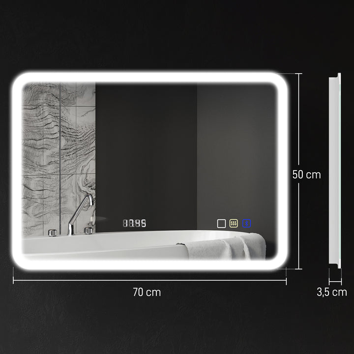 Espelho de Casa de Banho com Luz LED 70x50 cm Espelho de Parede com Bluetooth 3 Cores de Luz Relógio Digital Função Antiembaciamento Função de Memória Interruptor Tátil IP44 Prata