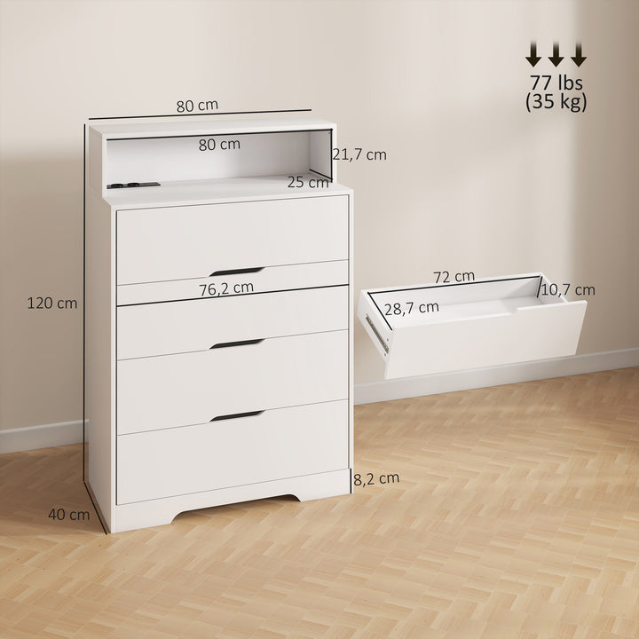 Cómoda com 4 Gavetas e Estação de Carregamento Móvel de Arrumação para Quarto com Porta USB Porta USB-C Prateleira Aberta 80x40x120 cm Branco