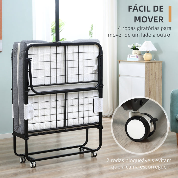 Cama Dobrável 200x90x42,5cm Cama de Campismo Portátil com Colchão Individual Rodas e Freios Carga Máxima 150kg para Dormitórios Branco