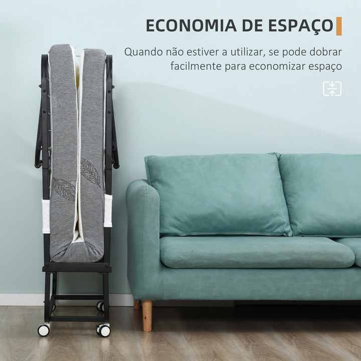 Cama Dobrável 200x90x42,5cm Cama de Campismo Portátil com Colchão Individual Rodas e Freios Carga Máxima 150kg para Dormitórios Branco