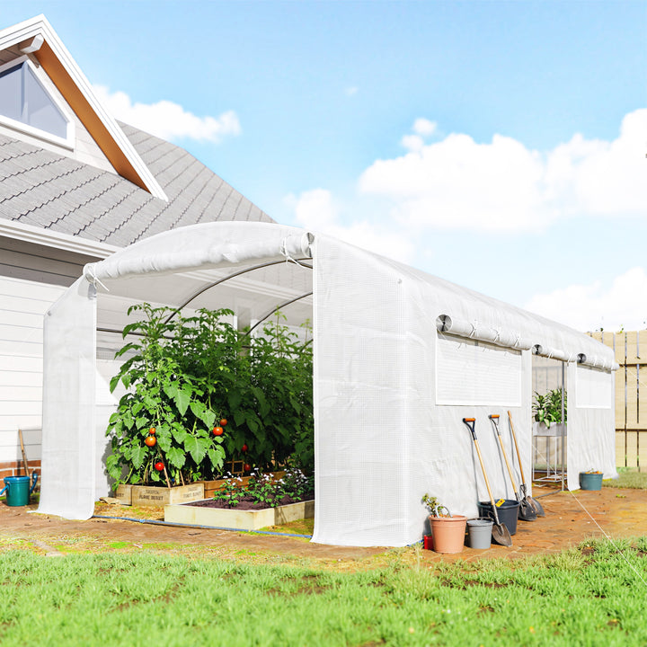 Estufa de Exterior 6x3x2 m Estufa Túnel com 3 Portas Enroláveis Janelas com Rede Cobertura PE 140g/m² Anti-UV e Estrutura de Aço Galvanizado para Cultivo de Plantas Branco