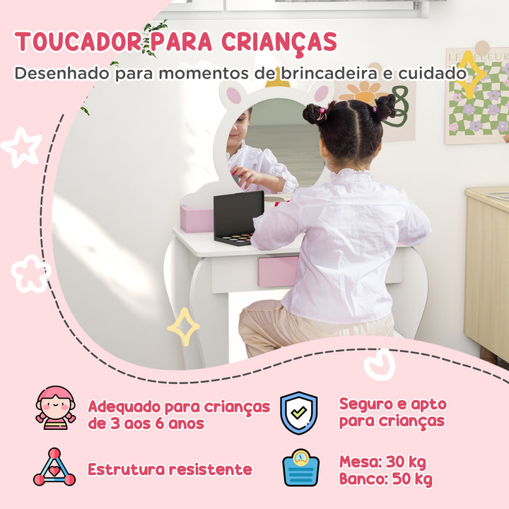 Toucador Infantil com Banco e Espelho Toucador de Maquilhagem com Gaveta Compartimentos Desenho de Unicórnio Toucador para Crianças de 3-6 Anos Branco