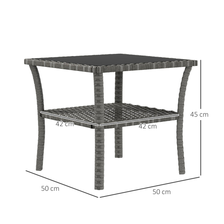 Mesa de Vime Quadrada 50x50x45 cm Mesa de Jardim e Prateleira Tampo de Vidro e Estrutura de Aço Suporta 30 kg para Terraço Pátio Cinzento