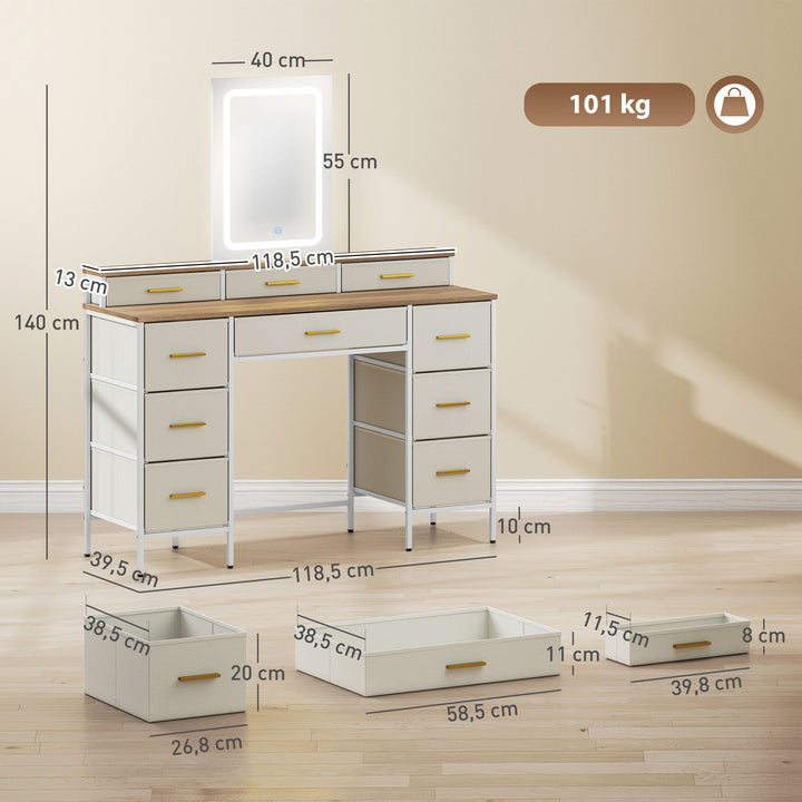 Toucador com Luzes LED de 3 Cores Toucador de Maquilhagem com Espelho Mesa de Maquilhagem com 10 Gavetas de Tecido Pés em Aço Moderno para Quarto Sala de Estar Madeira