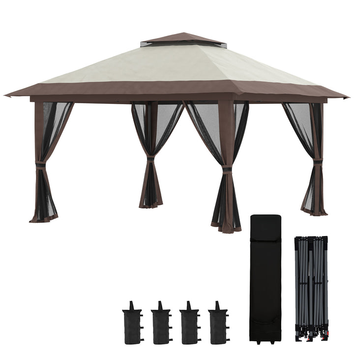 Tenda Dobrável Pop-UP 3,92x3,92x2,83 m Tenda de Jardim com Altura Ajustável Proteção UV50+ Teto Duplo Rede Mosquiteira e Bolsa de Transporte com Rodas para Festas Campismo Bege e Marrom