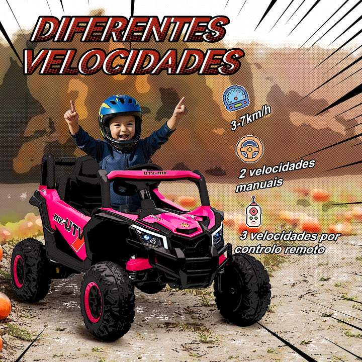 Carro Elétrico para Crianças 12V UTV com 2 Motores Controlo Remoto 2,4G Velocidade até 7 km/h Sistema de Suspensão Faróis USB para Crianças acima de 3 Anos 96x61x56 cm Rosa