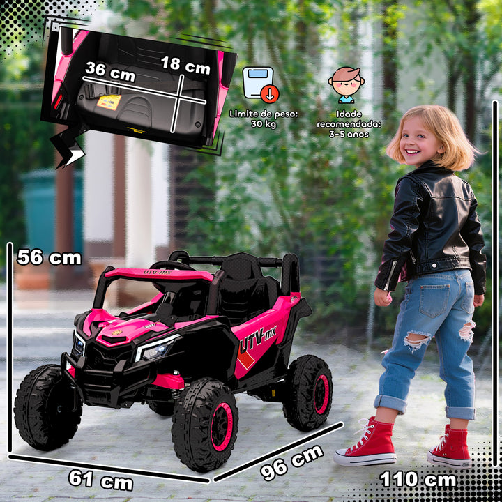 Carro Elétrico para Crianças 12V UTV com 2 Motores Controlo Remoto 2,4G Velocidade até 7 km/h Sistema de Suspensão Faróis USB para Crianças acima de 3 Anos 96x61x56 cm Rosa