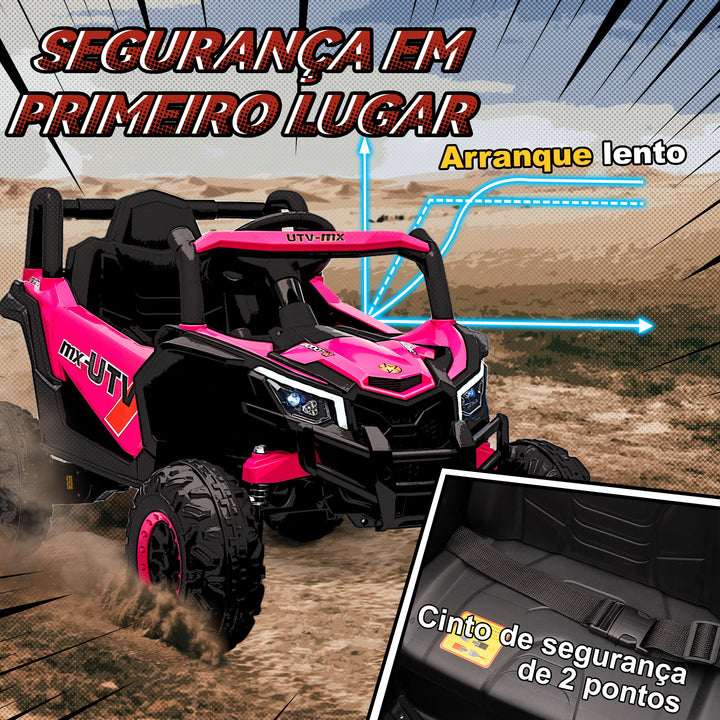 Carro Elétrico para Crianças 12V UTV com 2 Motores Controlo Remoto 2,4G Velocidade até 7 km/h Sistema de Suspensão Faróis USB para Crianças acima de 3 Anos 96x61x56 cm Rosa