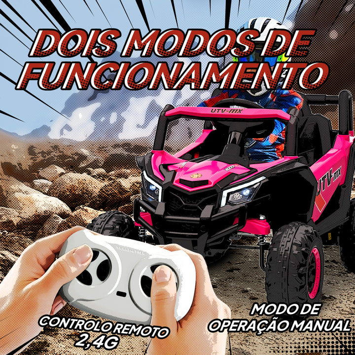 Carro Elétrico para Crianças 12V UTV com 2 Motores Controlo Remoto 2,4G Velocidade até 7 km/h Sistema de Suspensão Faróis USB para Crianças acima de 3 Anos 96x61x56 cm Rosa