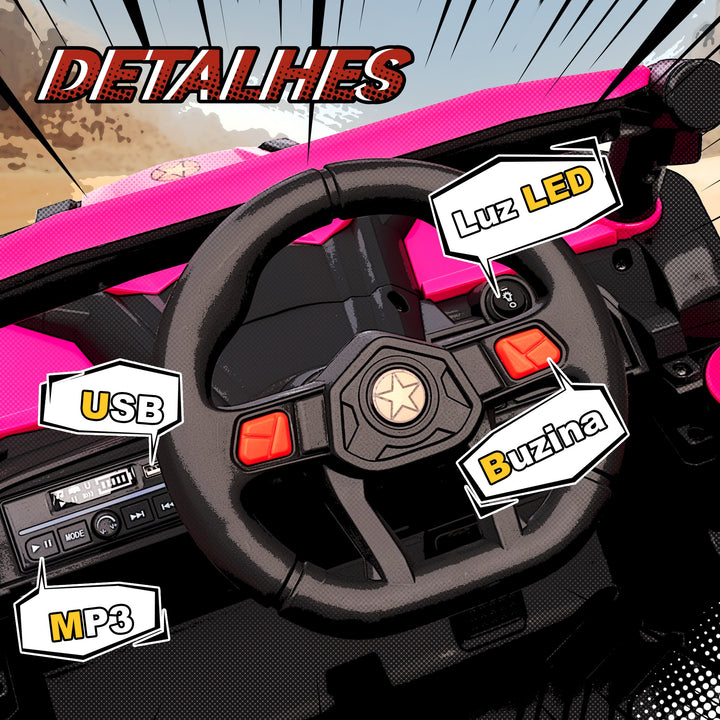 Carro Elétrico para Crianças 12V UTV com 2 Motores Controlo Remoto 2,4G Velocidade até 7 km/h Sistema de Suspensão Faróis USB para Crianças acima de 3 Anos 96x61x56 cm Rosa