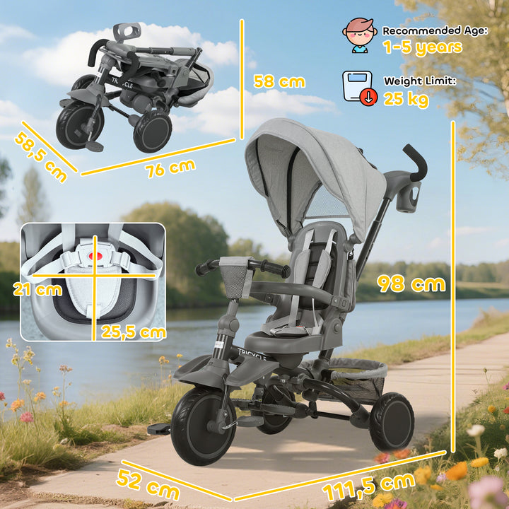 Triciclo Evolutivo 6 em 1 Triciclo para Bebés Dobrável 1-5 Anos Assento Giratório de 360° Guidão Encosto Reclinável Toldo Cinto de Segurança Cesto, Apoio para Pés 111,5x52x98 cm Cinza