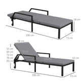 Espreguiçadeira de Vime Chaise Longue de Jardim com Encosto Ajustável em 5 Posições Acolchoado e 2 Rodas Carga 120 kg 73x200x48 cm Cinza Claro e Preto