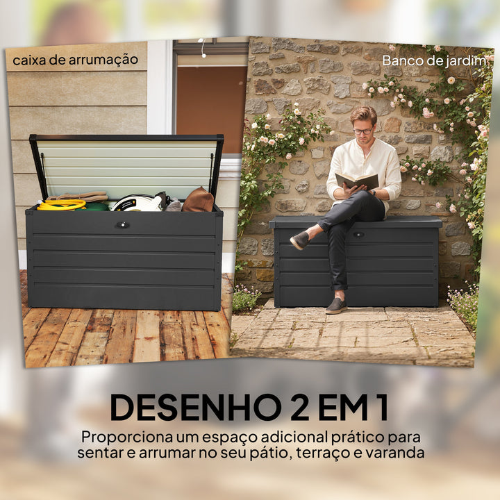 Baú de Arrumação Exterior Capacidade 311L Baú de Arrumação de Aço com Fechadura Chave Pistões Pneumáticos para Jardim Varanda Pátio 120x62x62 cm Cinza Escuro