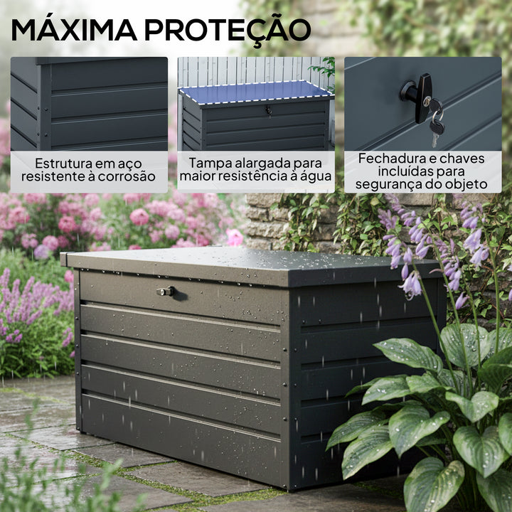 Baú de Arrumação Exterior Capacidade 311L Baú de Arrumação de Aço com Fechadura Chave Pistões Pneumáticos para Jardim Varanda Pátio 120x62x62 cm Cinza Escuro