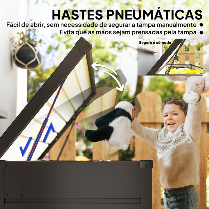 Baú de Arrumação Exterior Capacidade 311L Baú de Arrumação de Aço com Fechadura Chave Pistões Pneumáticos para Jardim Varanda Pátio 120x62x62 cm Cinza Escuro