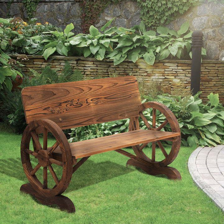 Banco de Jardim de Madeira Banco de Exterior com Apoio para os Braços e 2 Rodas Decorativas Estilo Rústico Carga 250 kg para Pátio Varanda 114x58x80 cm Marrom Carbonizado