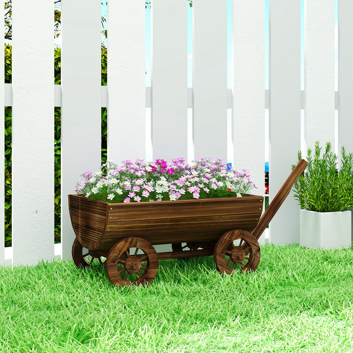 Carrinho de Madeira Decorativo com 4 Rodas e Pega Floreiro Exterior Móvel com Furo de Drenagem Floreiro para Plantas Jardim Terraço 115x40x54,5 cm Carbonizado