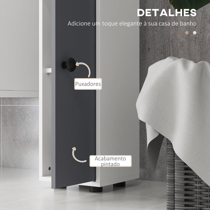 Coluna Casa de Banho Moderna Móvel Auxiliar Casa de Banho com 1 Gaveta 5 Prateleiras Ajustáveis e 2 Armários Móvel de Armazenamento Sala de Estar Cozinha Carga 30 kg 20x20x180 cm Cinza Branco