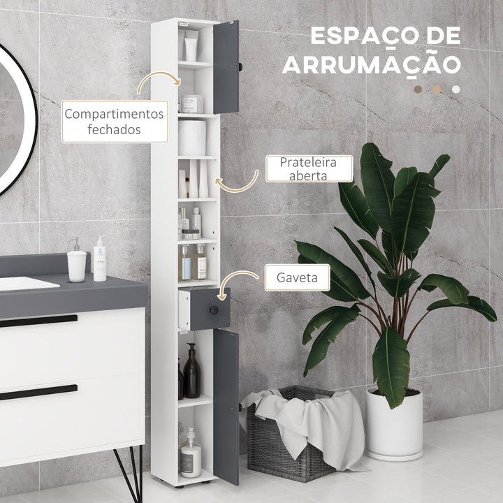 Coluna Casa de Banho Moderna Móvel Auxiliar Casa de Banho com 1 Gaveta 5 Prateleiras Ajustáveis e 2 Armários Móvel de Armazenamento Sala de Estar Cozinha Carga 30 kg 20x20x180 cm Cinza Branco