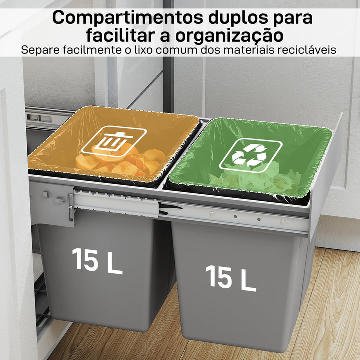 Balde de Lixo Embitido com 2 Recipientes Removíveis para Reciclagem Capacidade Total 30L (15Lx2) Fixação Inferior para Reciclagem e Resíduos 48x34,3x35,1 cm Cinzento Claro