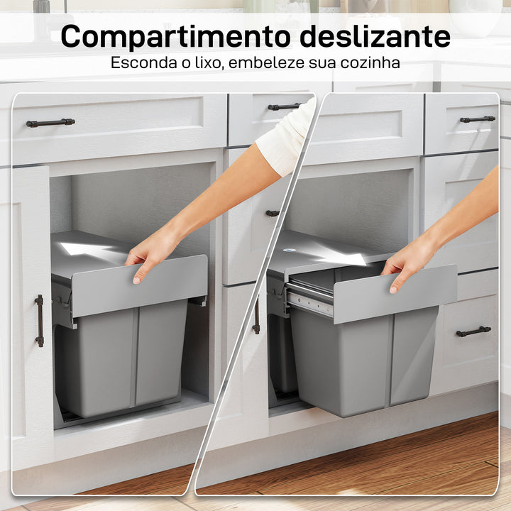 Balde de Lixo Embitido com 2 Recipientes Removíveis para Reciclagem Capacidade Total 30L (15Lx2) Fixação Inferior para Reciclagem e Resíduos 48x34,3x35,1 cm Cinzento Claro