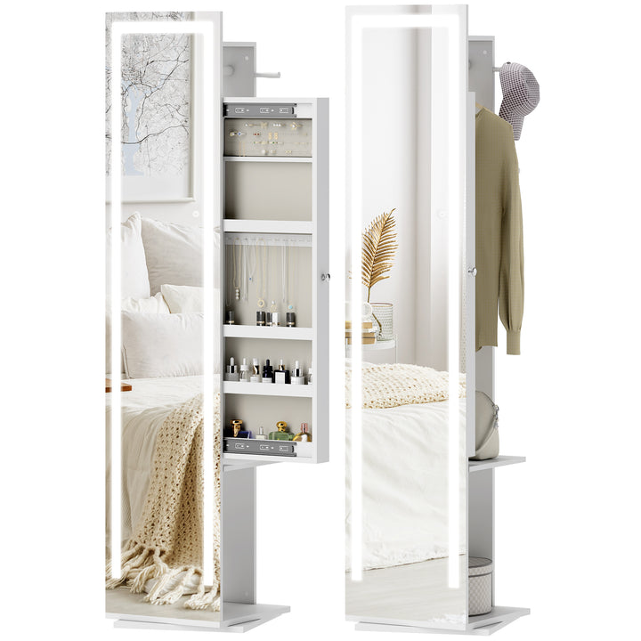 Espelho para Jóias com Luzes LED Armário para Jóias com Espelho de Corpo Inteiro Rotativo 360° Prateleiras Abertas Barras para Pendurar 38,5x38,5x172,5 cm Branco