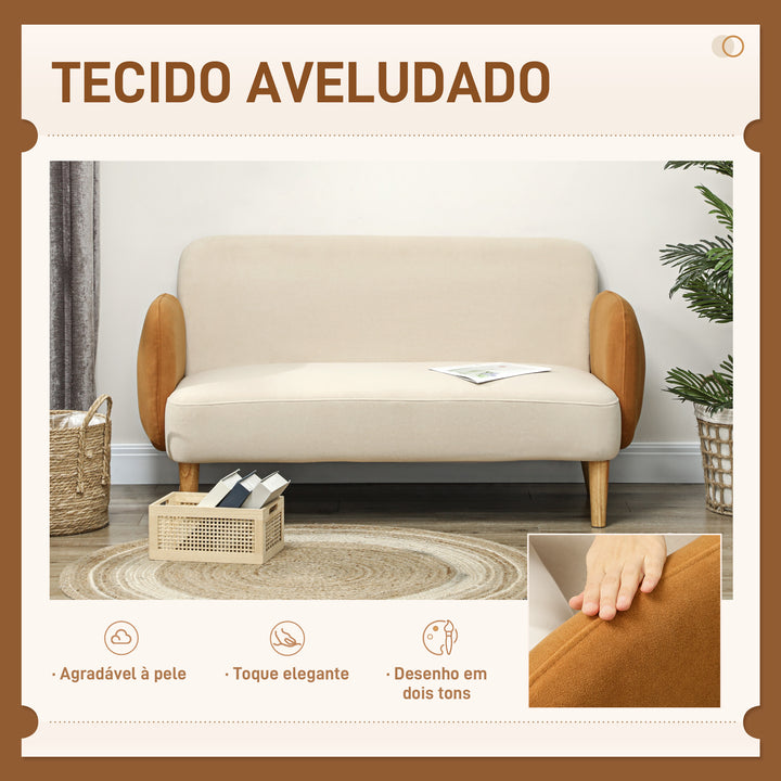 Sofá de 2 Lugares Estofado em Veludo Sofá de Sala de Estar com Apoio para os Braços e Pés de Madeira Sofá Pequeno Carga 240 kg para Dormitório Escritório 130x74x76 cm Bege e Ocre