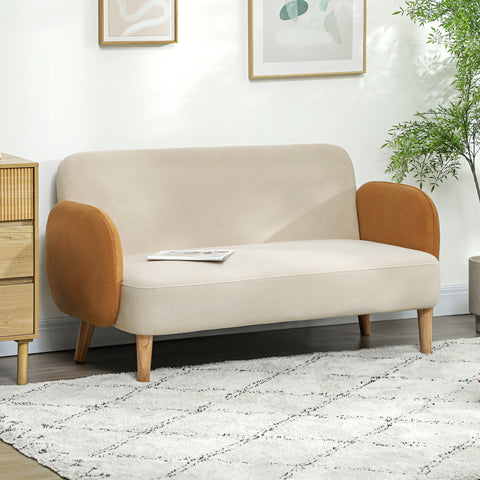 Sofá de 2 Lugares Estofado em Veludo Sofá de Sala de Estar com Apoio para os Braços e Pés de Madeira Sofá Pequeno Carga 240 kg para Dormitório Escritório 130x74x76 cm Bege e Ocre