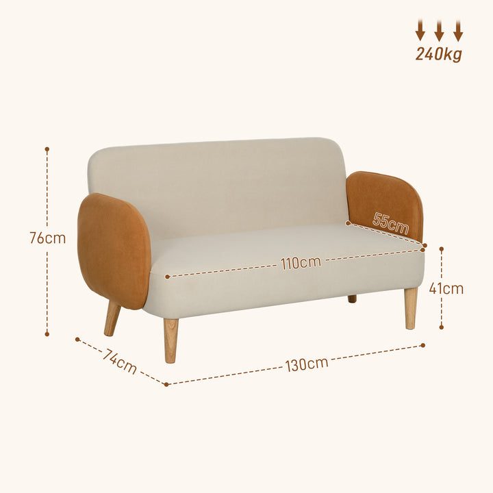 Sofá de 2 Lugares Estofado em Veludo Sofá de Sala de Estar com Apoio para os Braços e Pés de Madeira Sofá Pequeno Carga 240 kg para Dormitório Escritório 130x74x76 cm Bege e Ocre