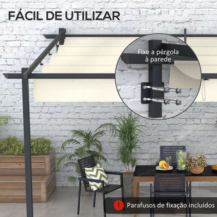 Pérgola de Parede 4x3 m Pérgola de Jardim com Teto Retrátil de Poliéster e Estrutura de Aço para Festas Casamentos Creme e Cinza Escuro