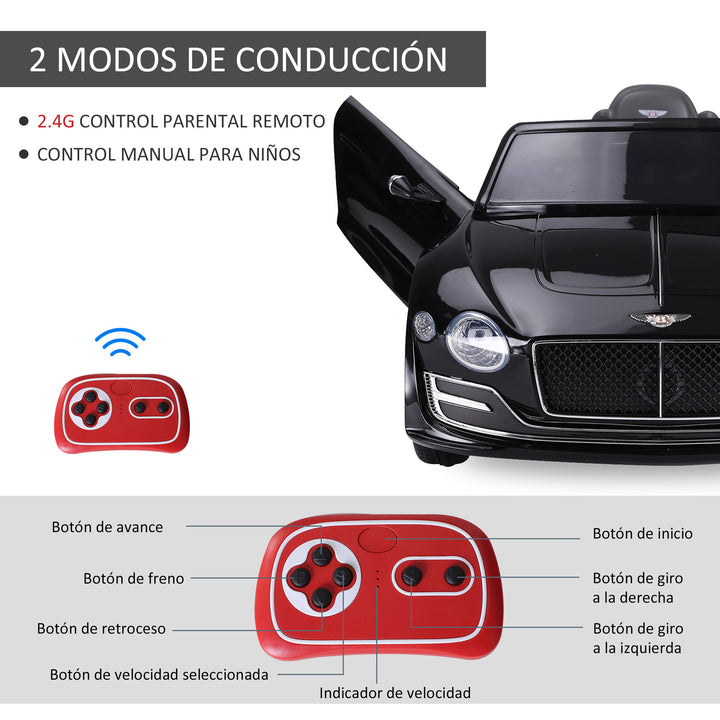 Bentley GT elétrico licenciado para crianças acima de 3 anos, 2 velocidades com controle remoto farois musica preto