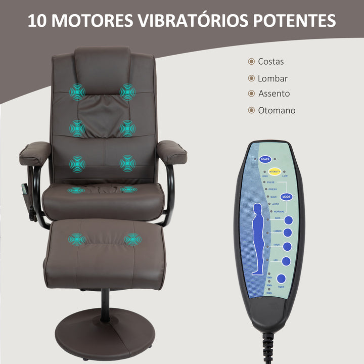 Poltrona de Massagem Elétrica com Banco para Apoiar os Pés Poltrona Relax Giratório Reclinável em até 145° com Controle Remoto e 10 Zonas de Massagem Estofado em PU 77x84x95 cm Marrom Escuro
