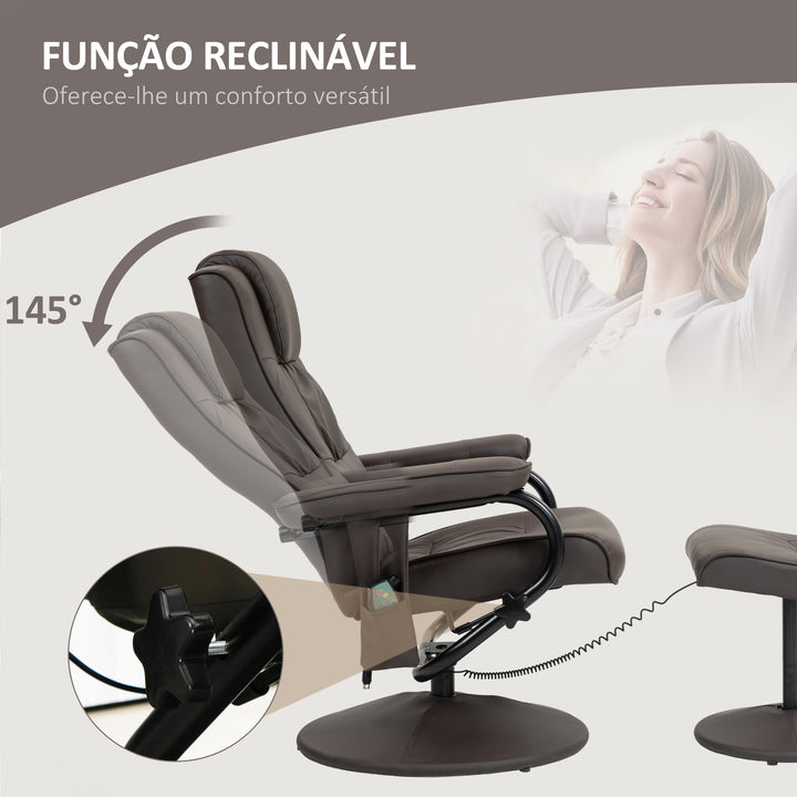 Poltrona de Massagem Elétrica com Banco para Apoiar os Pés Poltrona Relax Giratório Reclinável em até 145° com Controle Remoto e 10 Zonas de Massagem Estofado em PU 77x84x95 cm Marrom Escuro