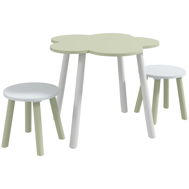 Conjunto de Mesa e 2 Cadeira para Crianças Mesa com Cadeiras para Crianças de 2-5 Anos Mesa com Forma de Flor Ø59x50 cm e Cadeiras Ø28x26 cm para Dormitório Sala de Estar Verde Pastel e Branco