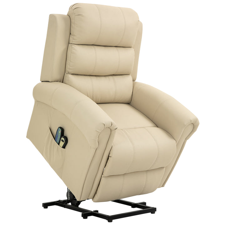 Poltrona Relax Reclinável Elétrica Levanta Pessoas com Massagem Vibratória e Aquecimento Poltrona Elevatória com Controlo Remoto Apoio para Pés Estofada em PU Bolsos Laterais 98x96x105 cm Creme
