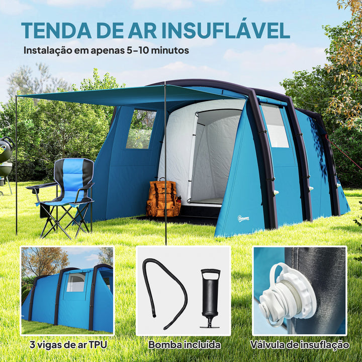 Tenda de Campismo Inflável Familiar Tipo Túnel para 3-6 Pessoas Tenda de Campismo Glamping com Vestíbulo Janelas de Malha e Bolsa de Transporte Proteção UV 50+ Impermeável para Exterior