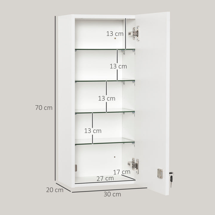 Armário de Medicamentos de Parede de 5 Níveis com Prateleiras Ajustáveis de Vidro Fechadura e 2 Chaves para Casa de Banho Cozinha 30x20x70 cm Branco
