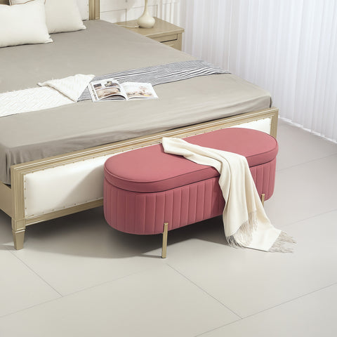 Banco Pé de Cama Estofado em Veludo Banco de Arrumação e Pés Dourado Banco para Entrada Dormitório 108x44x43,5 cm Rosa