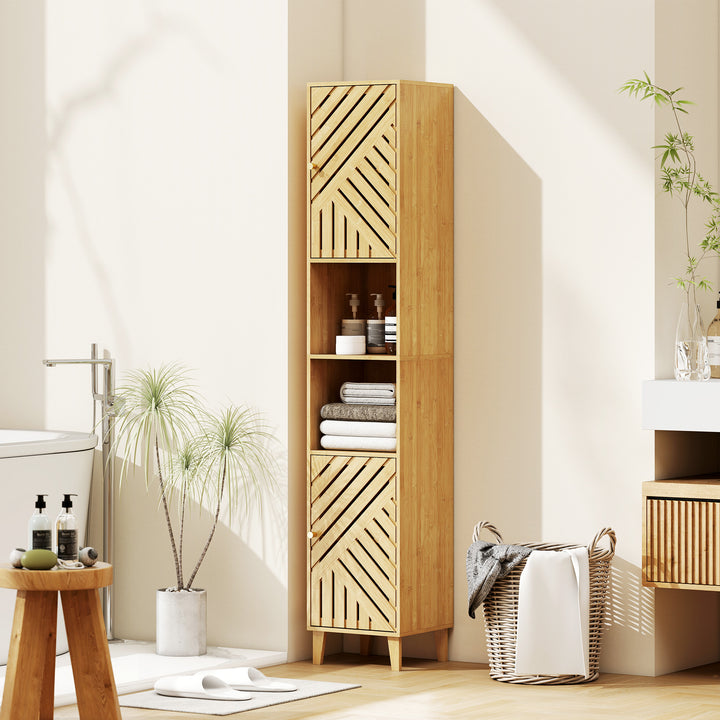Coluna de Casa de Banho Estreita Armário de Casa de Banho Alto com Portas e Pés de Bambu Prateleiras Ajustáveis Compartimento Aberto 32x30x170 cm Madeira